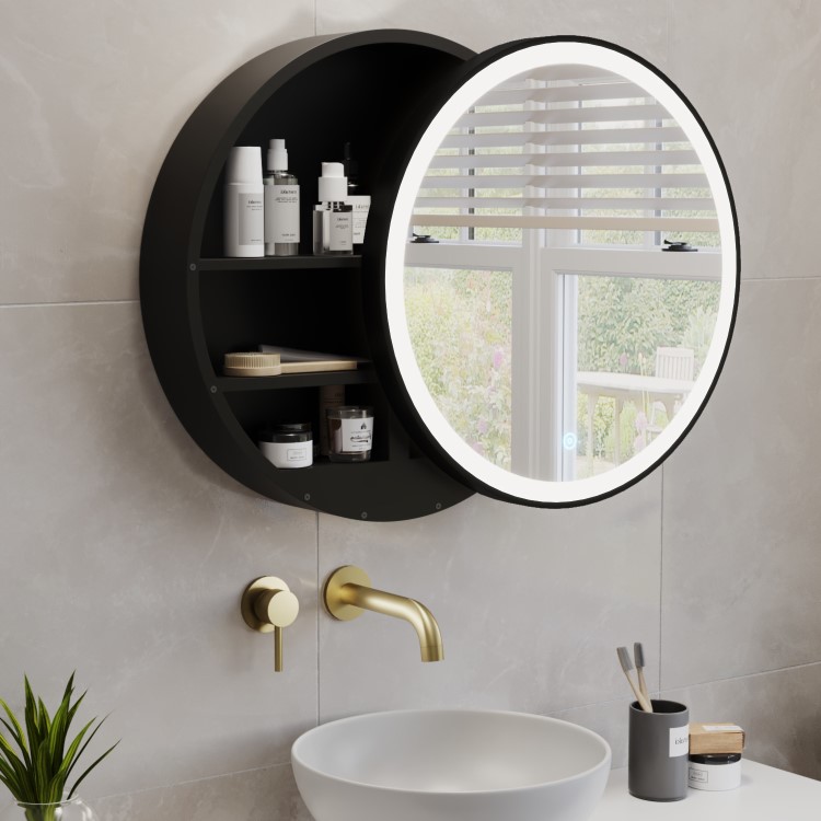 Black Sliding Mirrored Bathroom Cabinet with Lights 600 x 600mm - Elara