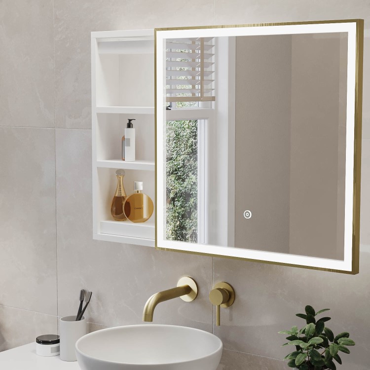 Brass Sliding Square Mirrored Bathroom Cabinet with Lights 600x600mm - Elara