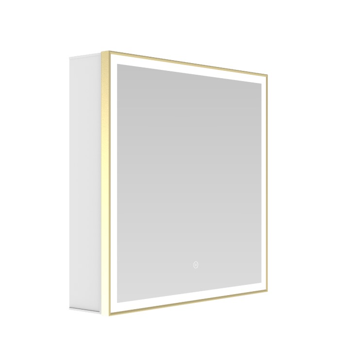 Brass Sliding Square Mirrored Bathroom Cabinet with Lights 600x600mm - Elara