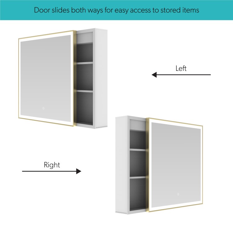 Brass Sliding Square Mirrored Bathroom Cabinet with Lights 600x600mm - Elara