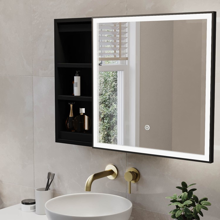 Elara Square Sliding LED Mirror Cab 600mm Matt Black