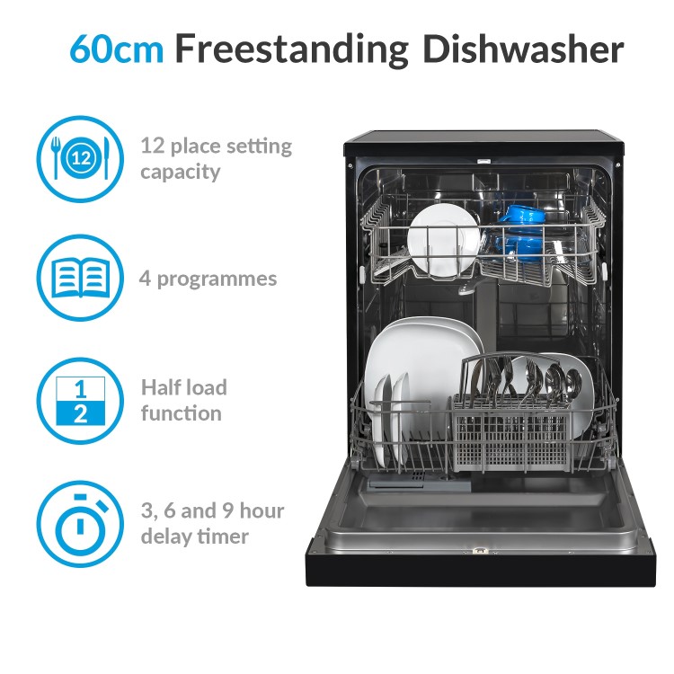 Refurbished electriQ EQ60DWBLACK 12 Place Freestanding Dishwasher Black