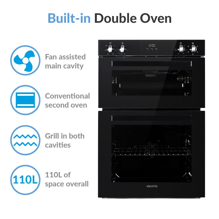 Refurbished electriQ EQDO1BLACK 60cm Double Built In Electric Oven Black