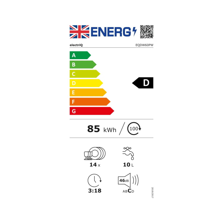 Refurbished electriQ Series 2 EQDW60PW 14 Place Freestanding Dishwasher White