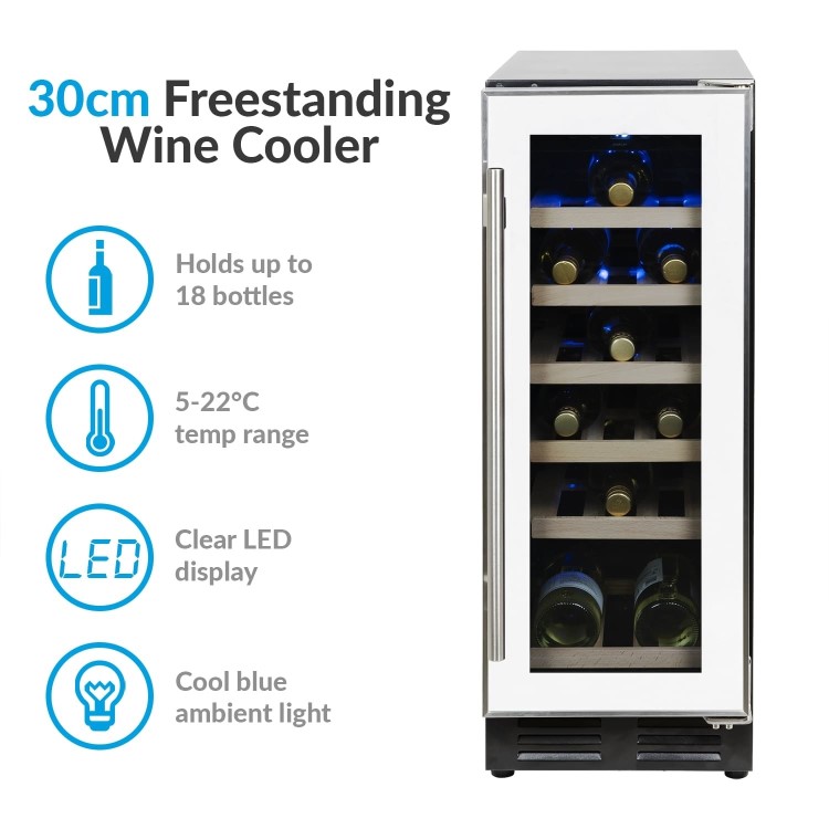 electriQ 18 Bottle Freestanding Under Counter Wine Cooler Single Zone 30cm Wide 82cm Tall - White