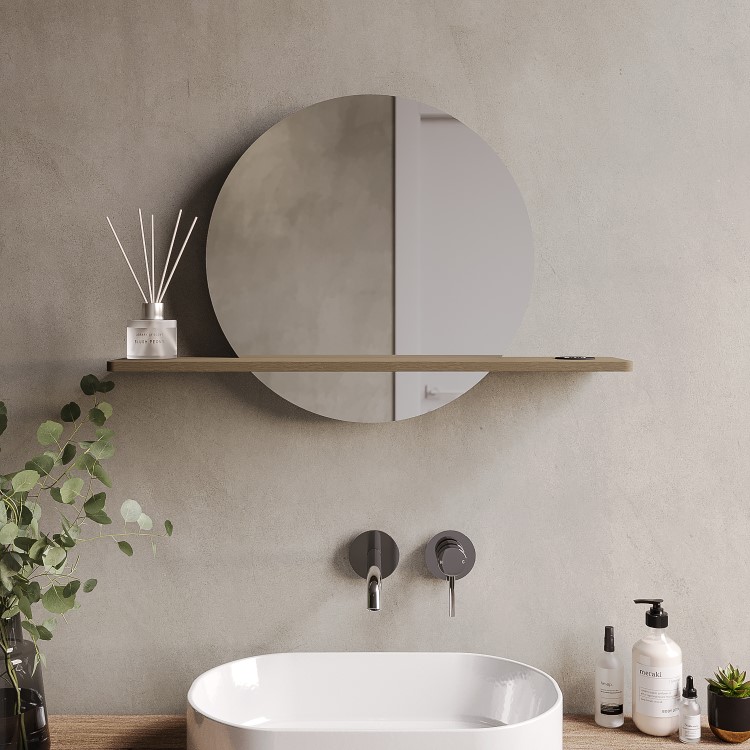 Round Backlit Heated Bathroom Mirror with Lights & Oak Shelf 500mm - Ersa