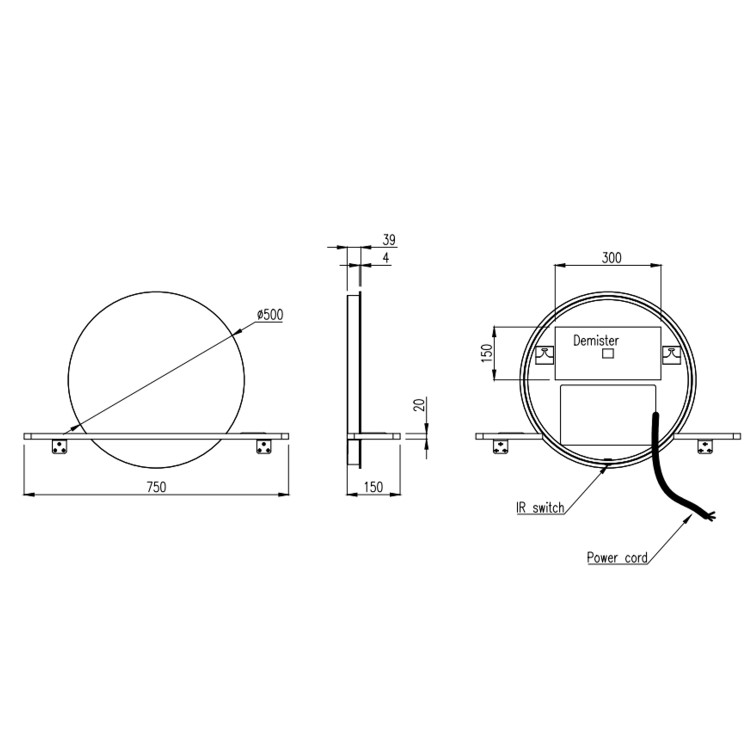 Round Backlit Heated Bathroom Mirror with Lights & Oak Shelf 500mm - Ersa