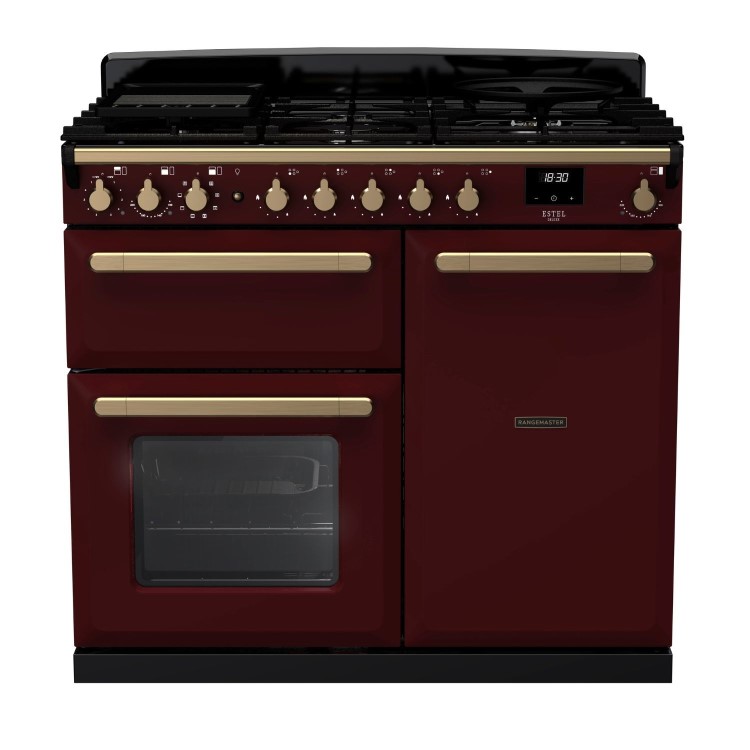 Rangemaster Estel Deluxe 100cm Dual Fuel Range Cooker - Bordeaux + Brass