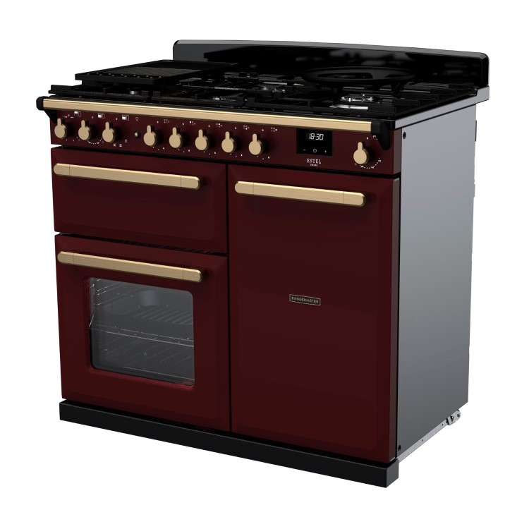 Rangemaster Estel Deluxe 100cm Dual Fuel Range Cooker - Bordeaux + Brass