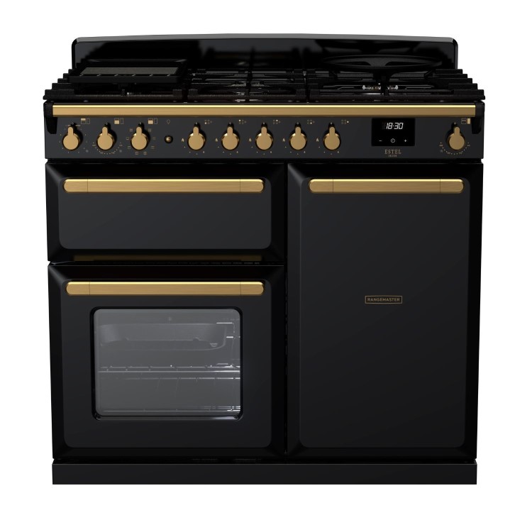 Rangemaster Estel Deluxe 100cm Dual Fuel Range Cooker - Gloss Black & Brass