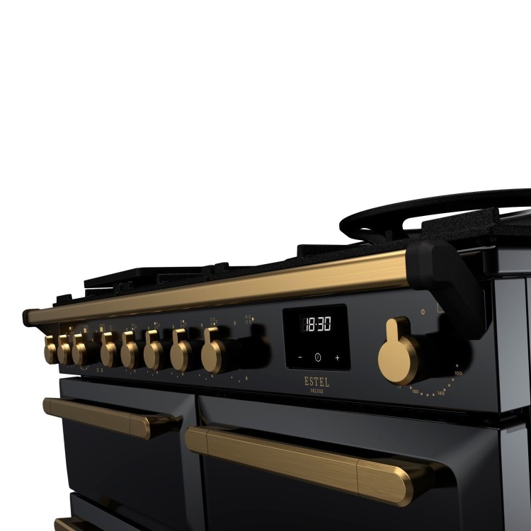 Rangemaster Estel Deluxe 100cm Dual Fuel Range Cooker - Gloss Black & Brass