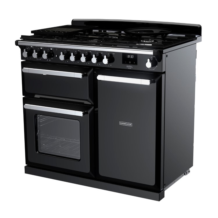 Rangemaster Estel Deluxe 100cm Dual Fuel Range Cooker - Gloss Black + Chrome