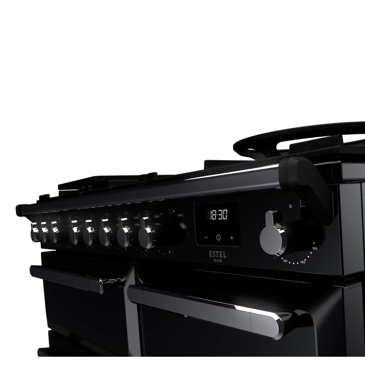 Rangemaster Estel Deluxe 100cm Dual Fuel Range Cooker - Gloss Black + Chrome