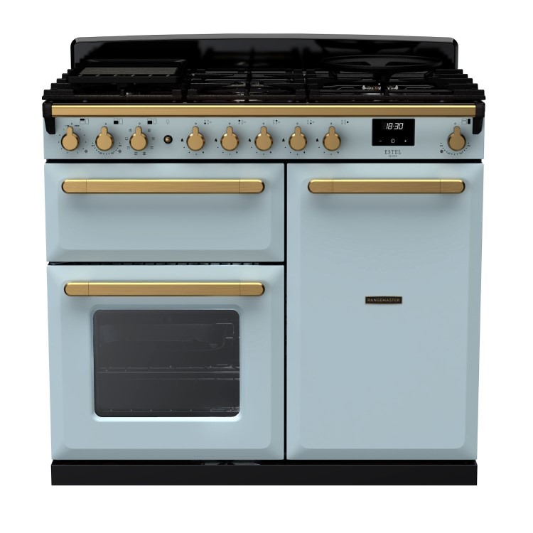 Rangemaster Estel Deluxe 100cm Dual Fuel Range Cooker - Misty Blue + Brass