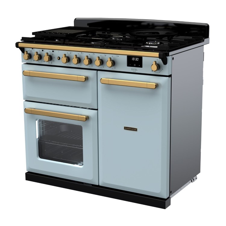 Rangemaster Estel Deluxe 100cm Dual Fuel Range Cooker - Misty Blue + Brass