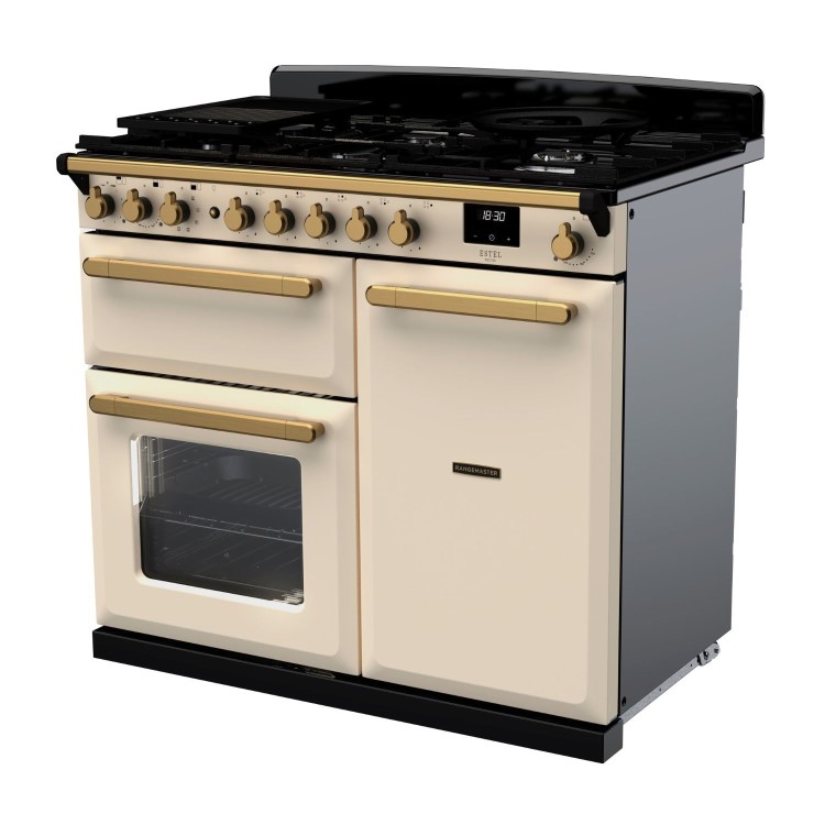 Rangemaster Estel Deluxe 100cm Dual Fuel Range Cooker - Pale Cream + Brass