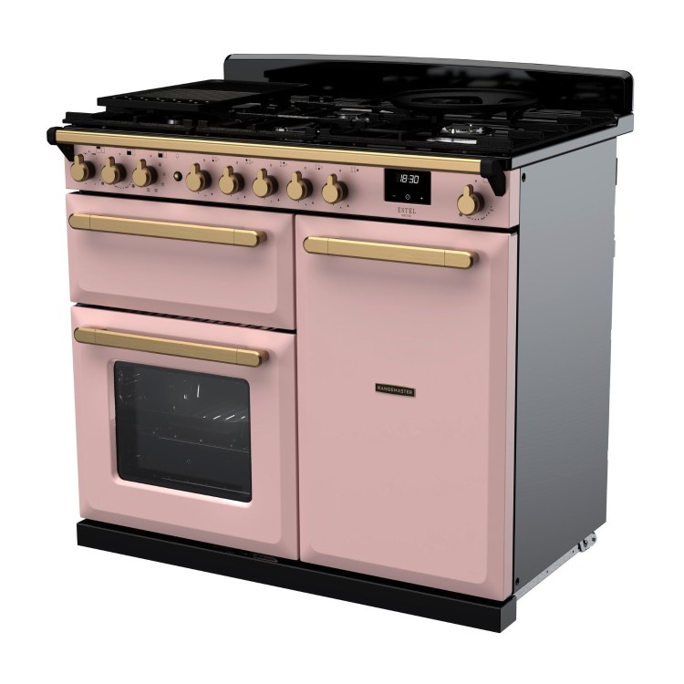 Rangemaster Estel Deluxe 100cm Dual Fuel Range Cooker - Pale Pink + Brass