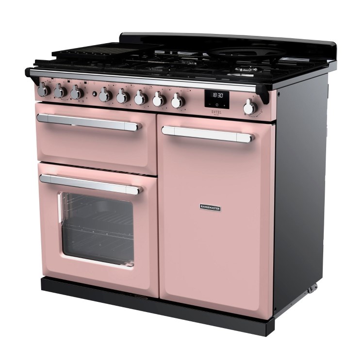 Rangemaster Estel Deluxe 100cm Dual Fuel Range Cooker - Pale Pink + Chrome