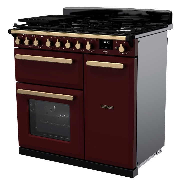 Rangemaster Estel Deluxe 90cm Dual Fuel Range Cooker - Bordeaux + Brass