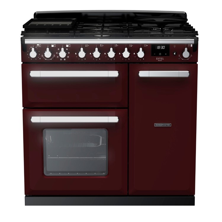 Rangemaster Estel Deluxe 90cm Dual Fuel Range Cooker - Bordeaux + Chrome