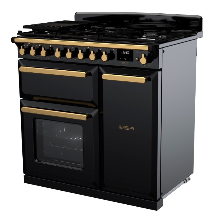 Rangemaster Estel Deluxe 90cm Dual Fuel Range Cooker - Gloss Black + Brass