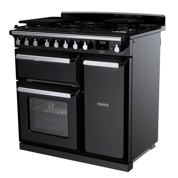 Rangemaster Estel Deluxe 90cm Dual Fuel Range Cooker - Gloss Black + Chrome