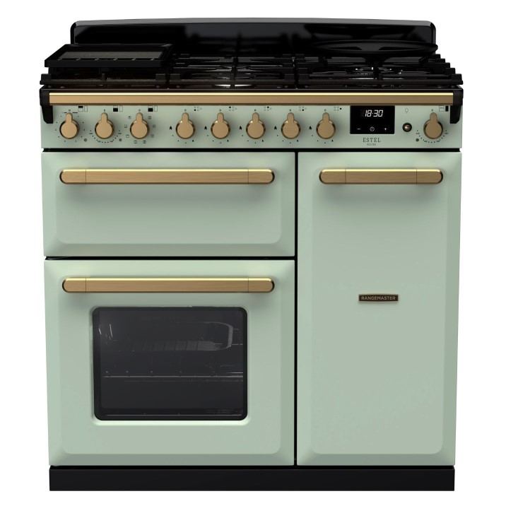 Rangemaster Estel Deluxe 90cm Dual Fuel Range Cooker - Mint + Brass