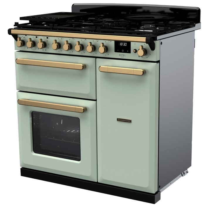 Rangemaster Estel Deluxe 90cm Dual Fuel Range Cooker - Mint + Brass