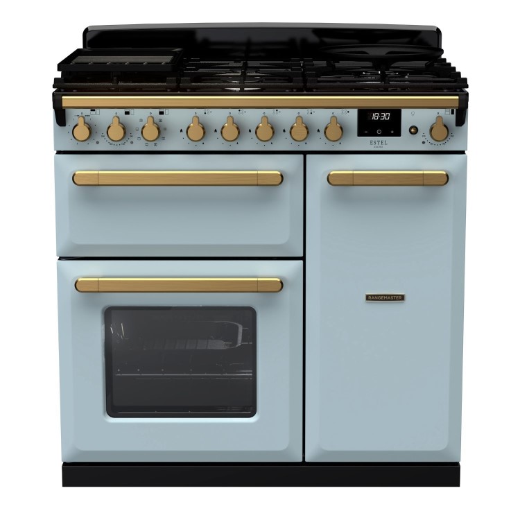 Rangemaster Estel Deluxe 90cm Dual Fuel Range Cooker - Misty Blue + Brass