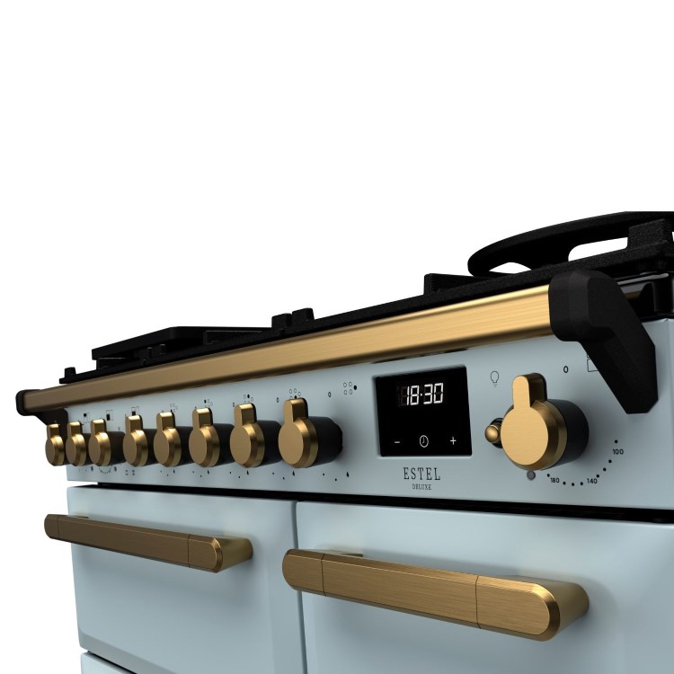 Rangemaster Estel Deluxe 90cm Dual Fuel Range Cooker - Misty Blue + Brass