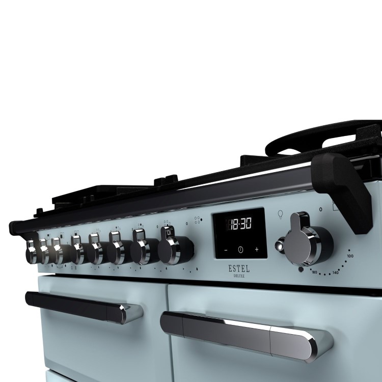 Rangemaster Estel Deluxe 90cm Dual Fuel Range Cooker - Misty Blue + Chrome