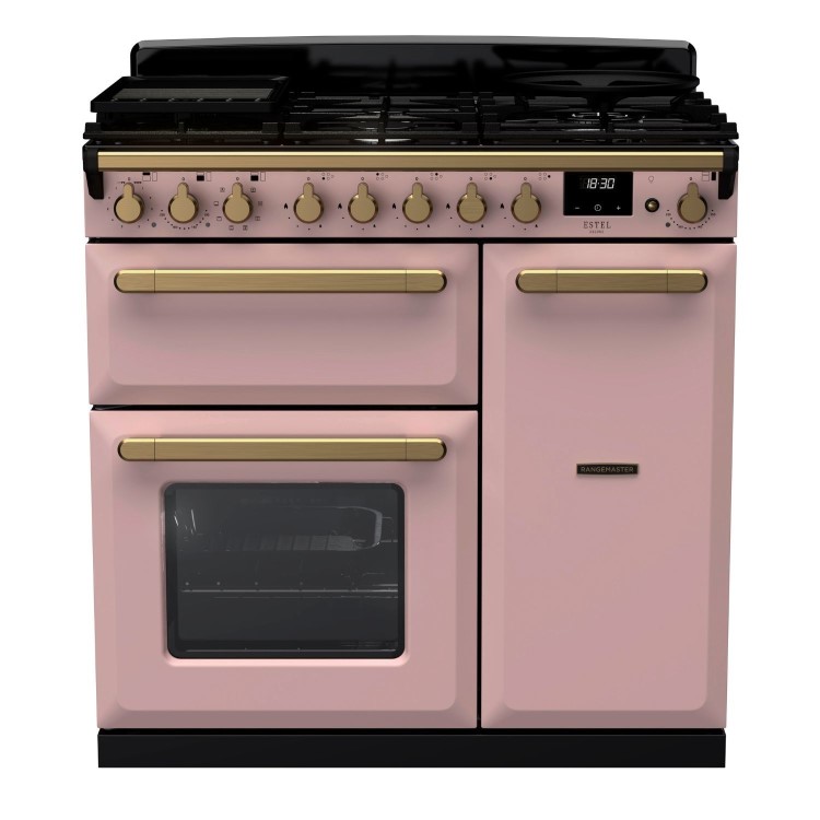 Rangemaster Estel Deluxe 90cm Dual Fuel Range Cooker - Pale Pink + Brass