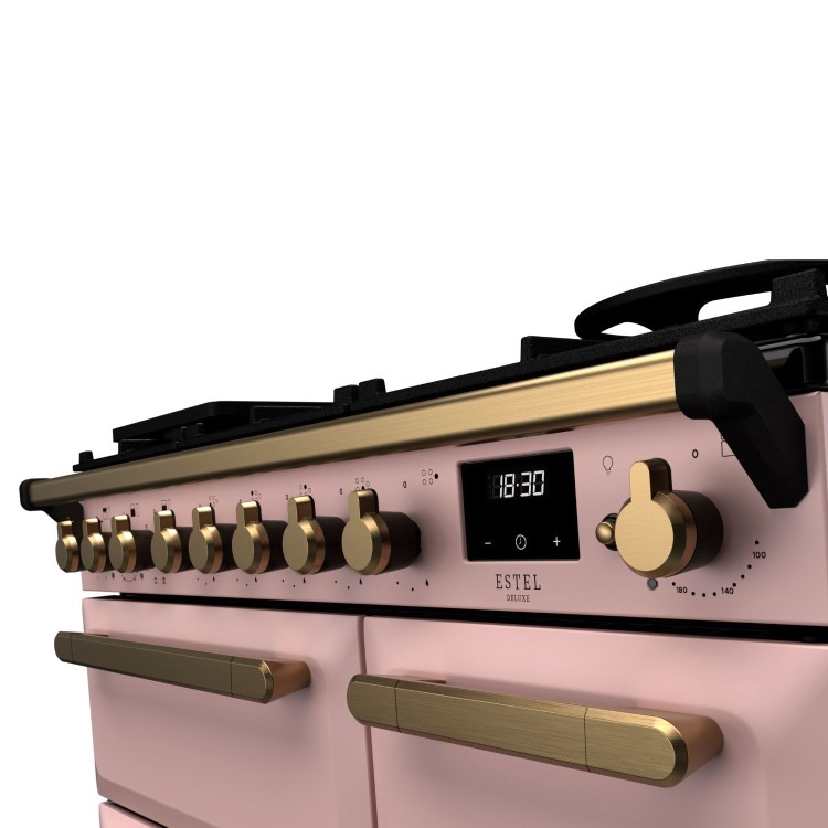 Rangemaster Estel Deluxe 90cm Dual Fuel Range Cooker - Pale Pink + Brass