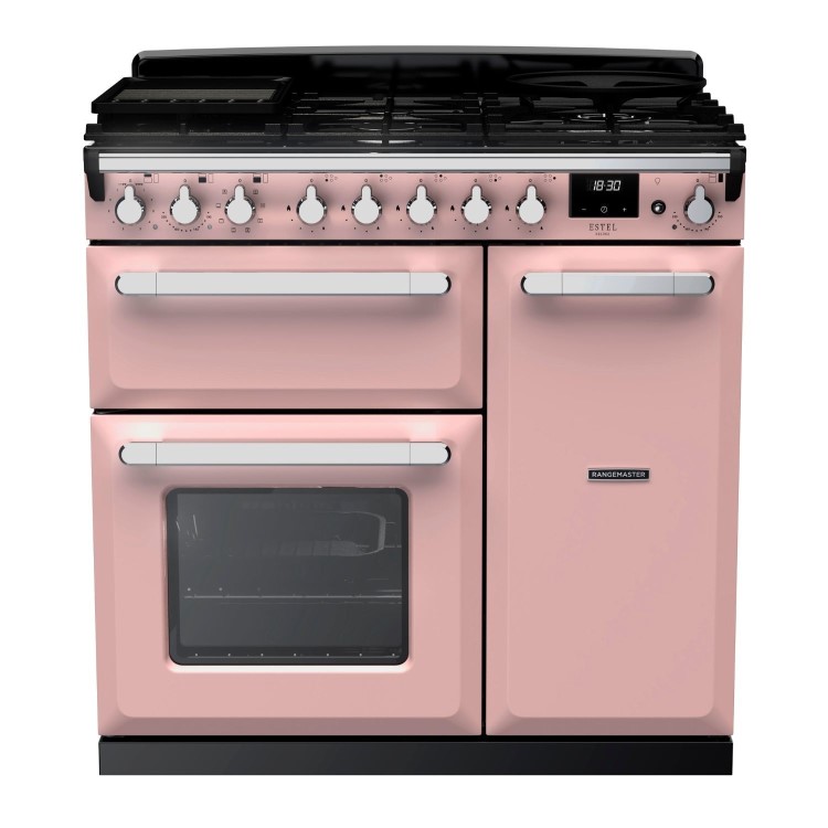 Rangemaster Estel Deluxe 90cm Dual Fuel Range Cooker - Pale Pink + Chrome