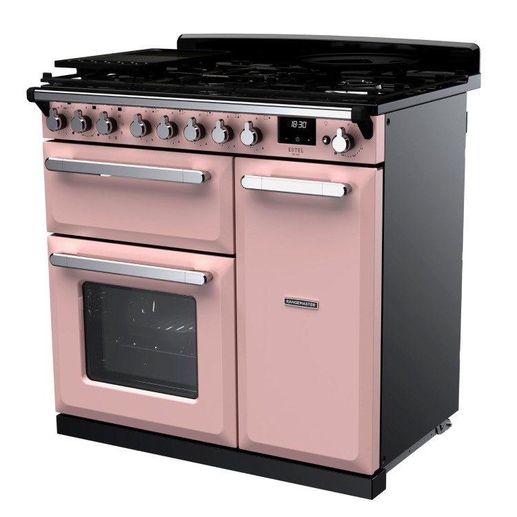 Rangemaster Estel Deluxe 90cm Dual Fuel Range Cooker - Pale Pink + Chrome