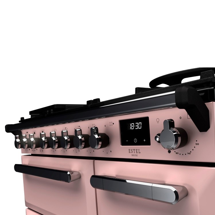 Rangemaster Estel Deluxe 90cm Dual Fuel Range Cooker - Pale Pink + Chrome