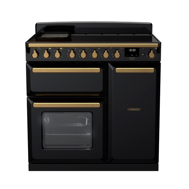 Rangemaster Estel Deluxe 90cm Induction Range Cooker - Gloss Black + Brass