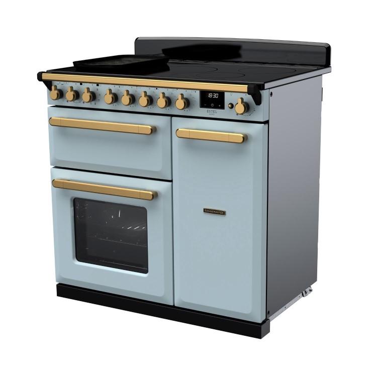 Rangemaster Estel Deluxe 90cm Induction Range Cooker - Misty Blue + Brass