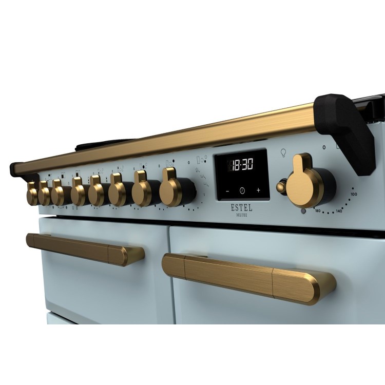 Rangemaster Estel Deluxe 90cm Induction Range Cooker - Misty Blue + Brass