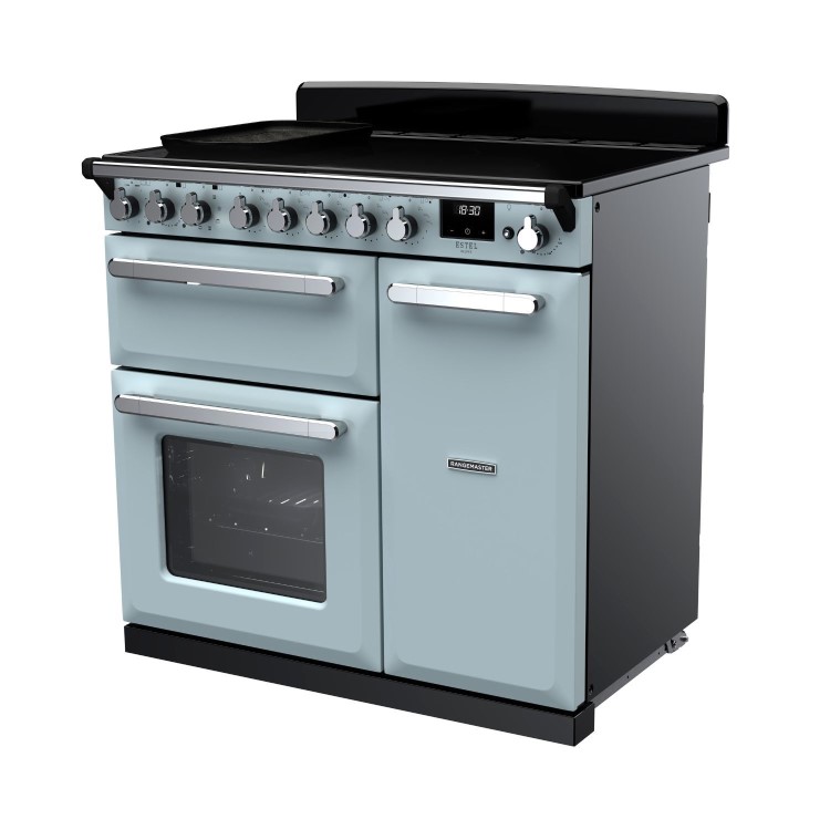 Rangemaster Estel Deluxe 90cm Induction Range Cooker - Misty Blue + Chrome