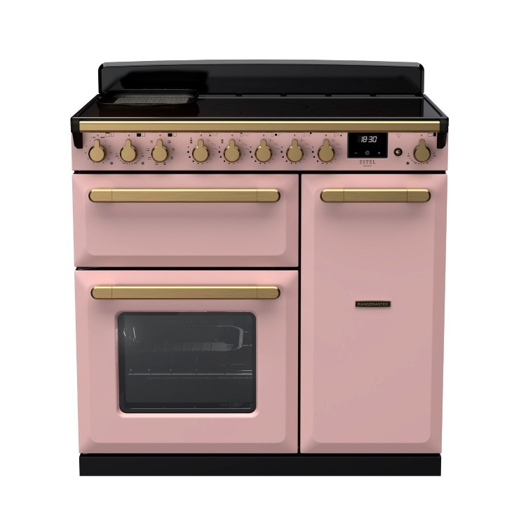 Rangemaster Estel Deluxe 90cm Induction Range Cooker - Pale Pink + Brass