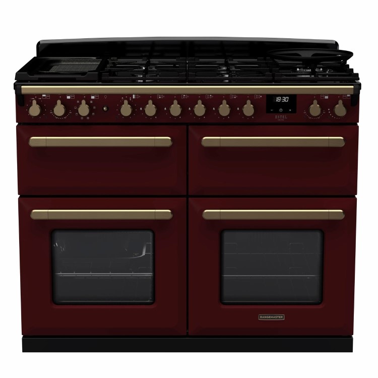 Rangemaster Estel Deluxe 110cm Base Cavity Dual Fuel Range Cooker - Bordeaux + Brass