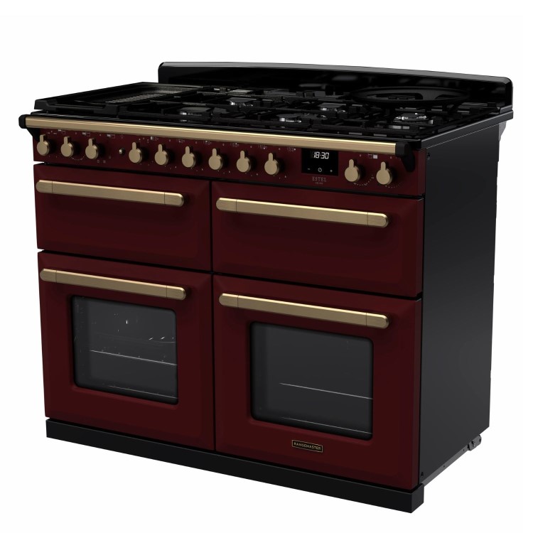 Rangemaster Estel Deluxe 110cm Base Cavity Dual Fuel Range Cooker - Bordeaux + Brass