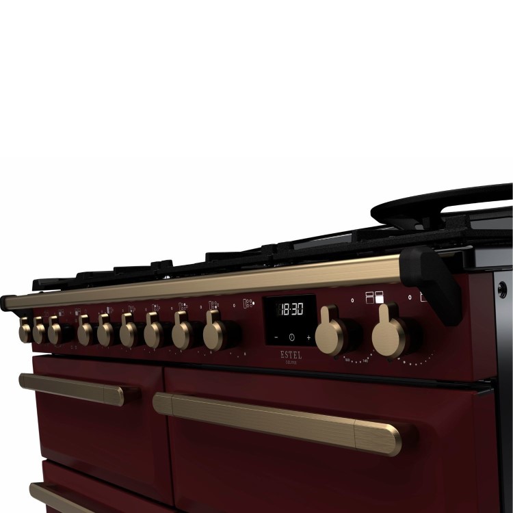 Rangemaster Estel Deluxe 110cm Base Cavity Dual Fuel Range Cooker - Bordeaux + Brass