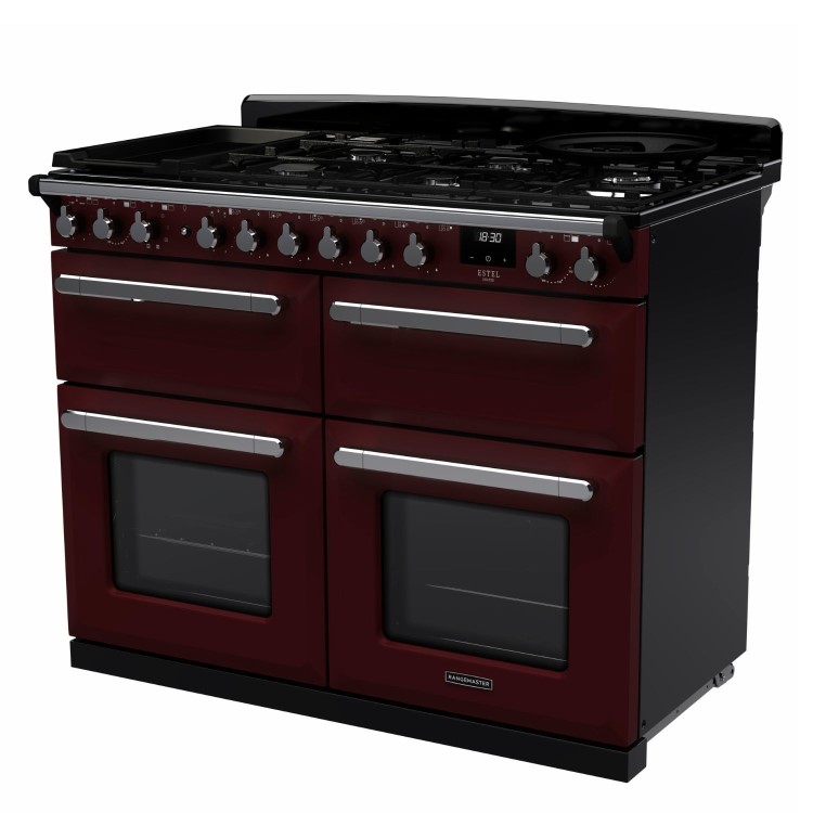 Rangemaster Estel Deluxe 110cm Base Cavity Dual Fuel Range Cooker - Bordeaux + Chrome