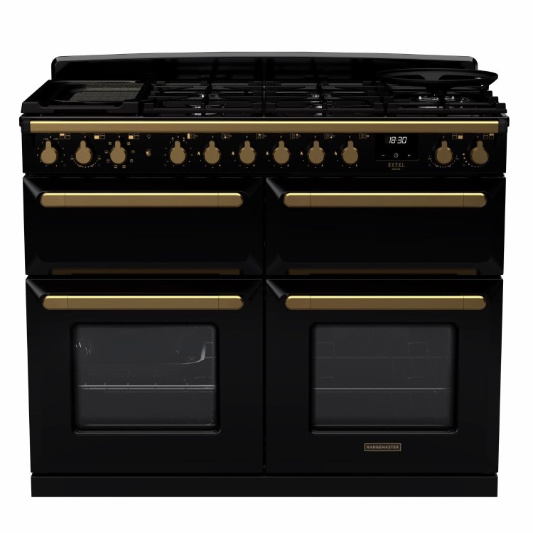 Rangemaster Estel Deluxe 110cm Base Cavity Dual Fuel Range Cooker - Gloss Gloss Black + Brass