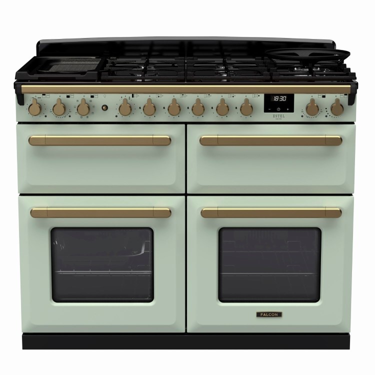 Rangemaster Estel Deluxe 110cm Base Cavity Dual Fuel Range Cooker - Mint + Brass