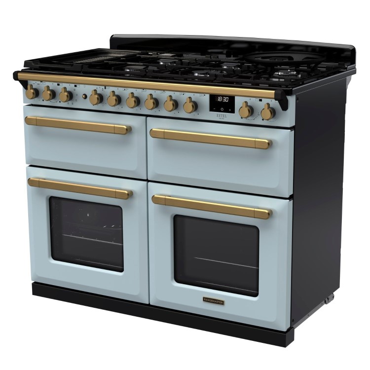 Rangemaster Estel Deluxe 110cm Base Cavity Dual Fuel Range Cooker - Misty Blue + Brass