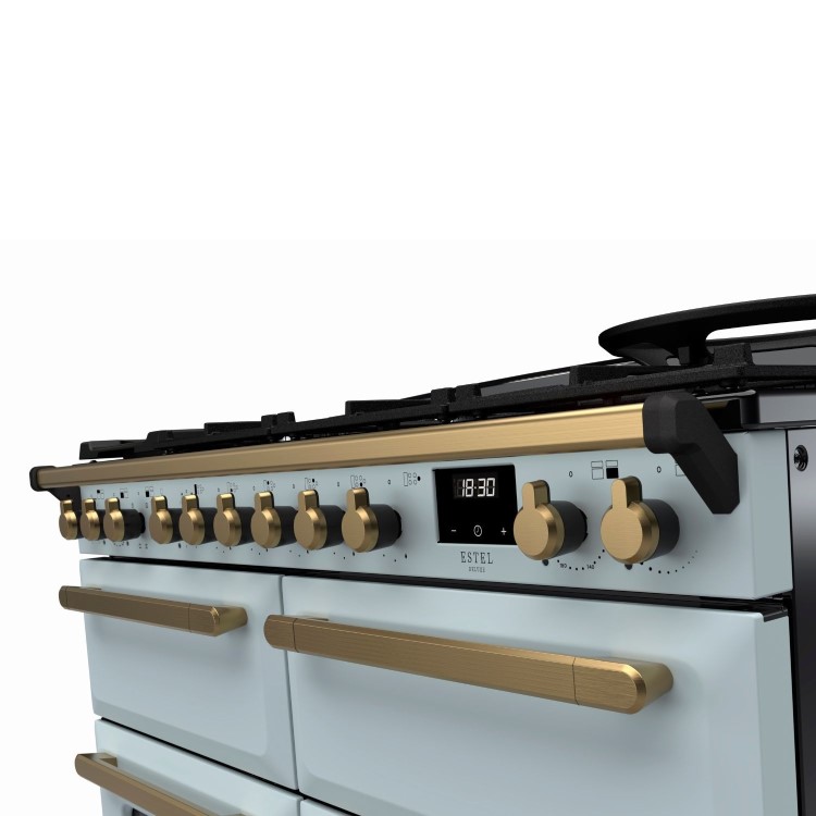 Rangemaster Estel Deluxe 110cm Base Cavity Dual Fuel Range Cooker - Misty Blue + Brass