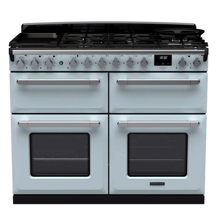 Rangemaster Estel Deluxe 110cm Base Cavity Dual Fuel Range Cooker - Misty Blue + Chrome